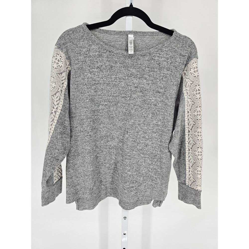 Flora Nikrooz Womens Sz L Long Sleeve Knit shirt Gray w/ Cream Crochet Sleeves - Picture 1 of 4